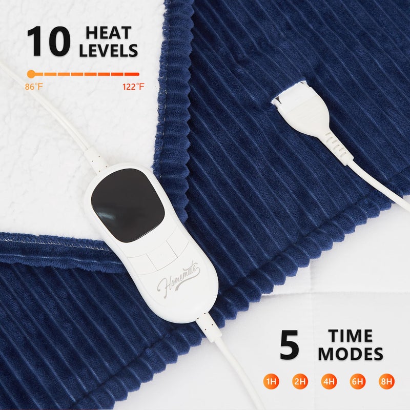 Home Mate Homemate Heated Blanket Electric Throw - 50""x60"" Heating Blanket Throw 1/2/4/6/8 Hours Auto-Off 10 Heat Levels Heat Blanket Over-Heat Protection Soft Flannel Sherpa Heater Blanket ETL Certification - Image 3
